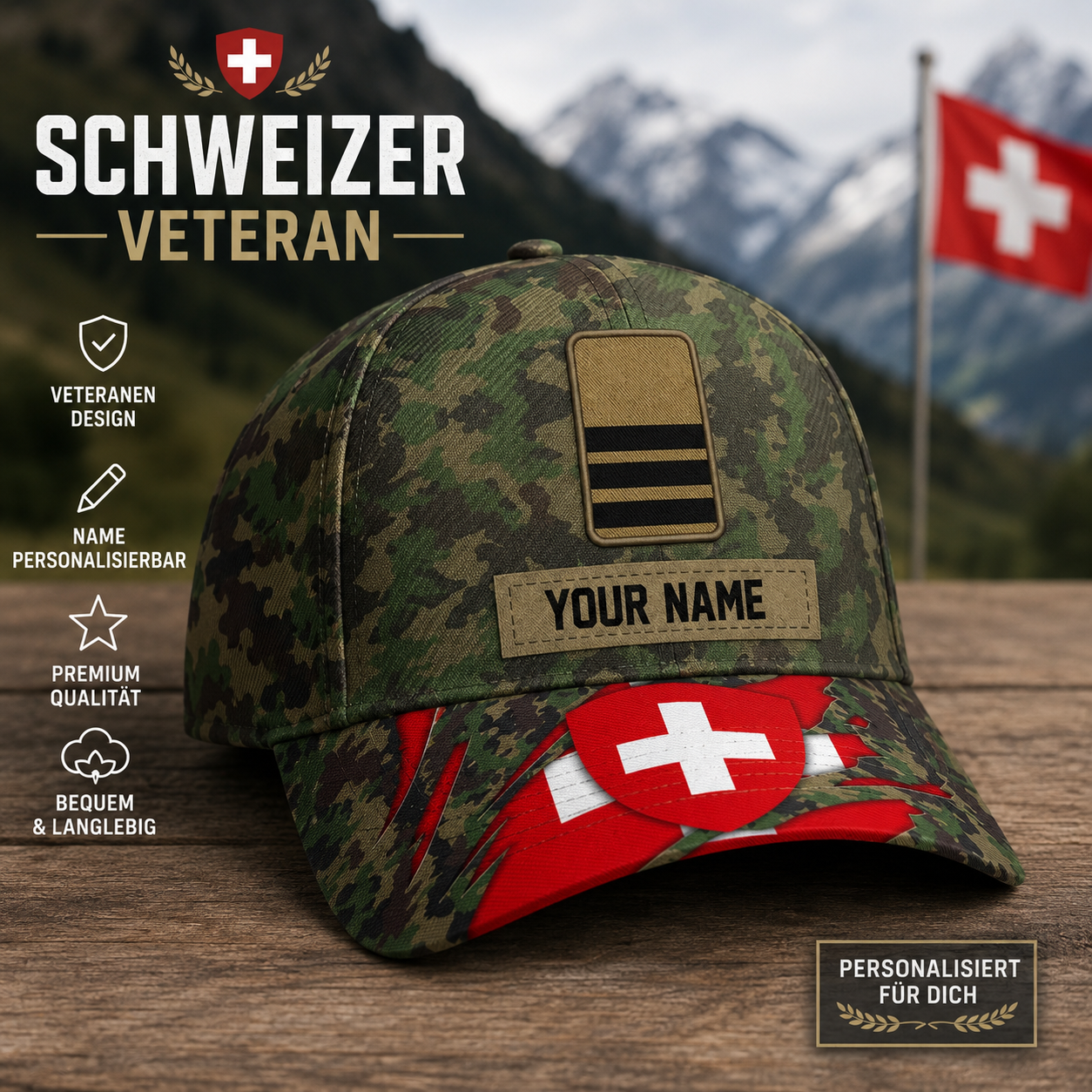 Personalized Rank And Name Swiss Soldier/Veterans Camo Baseball Cap Gold Version - 170976961