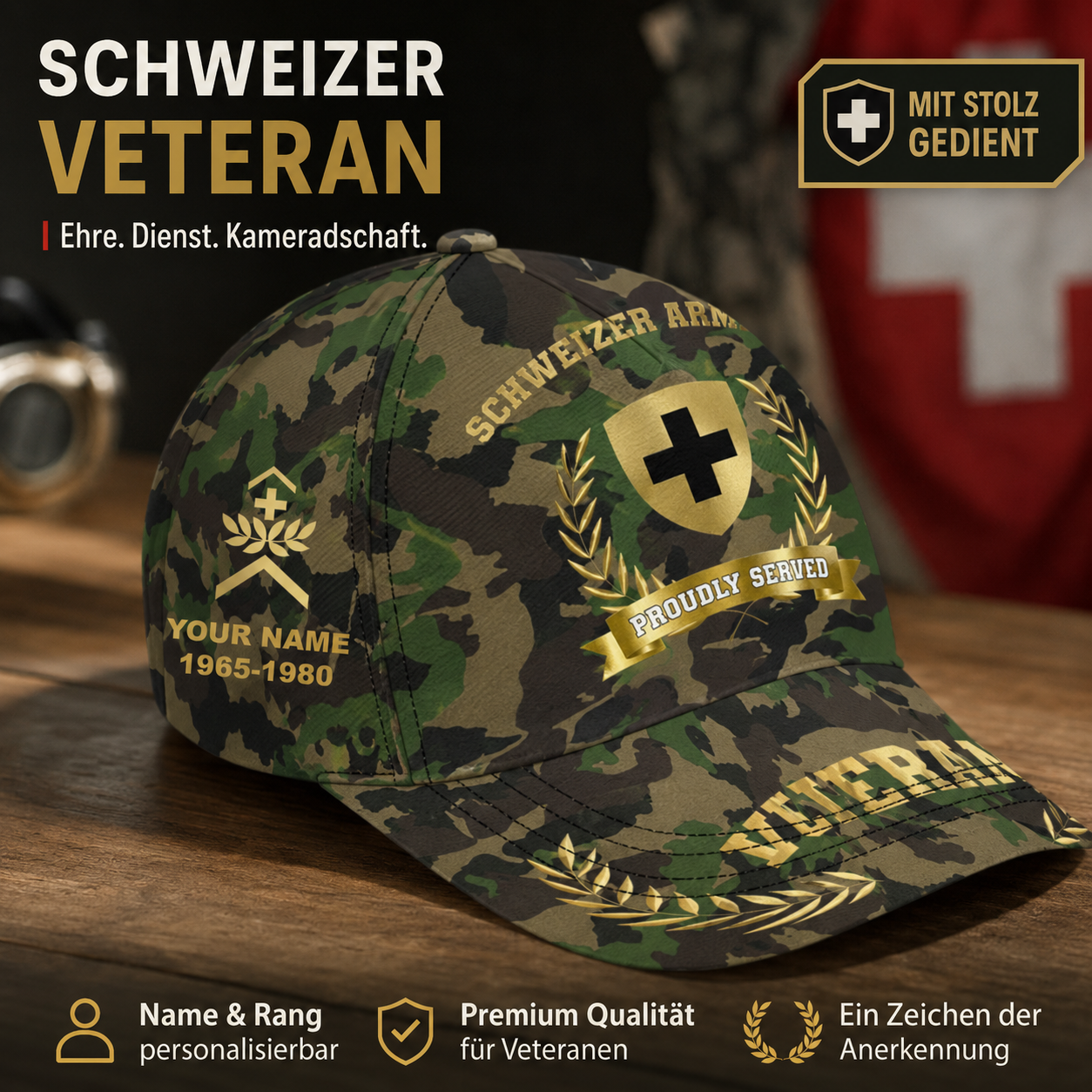 Personalized Rank, Year And Name Swiss Soldier/Veterans Camo Baseball Cap - 17534016