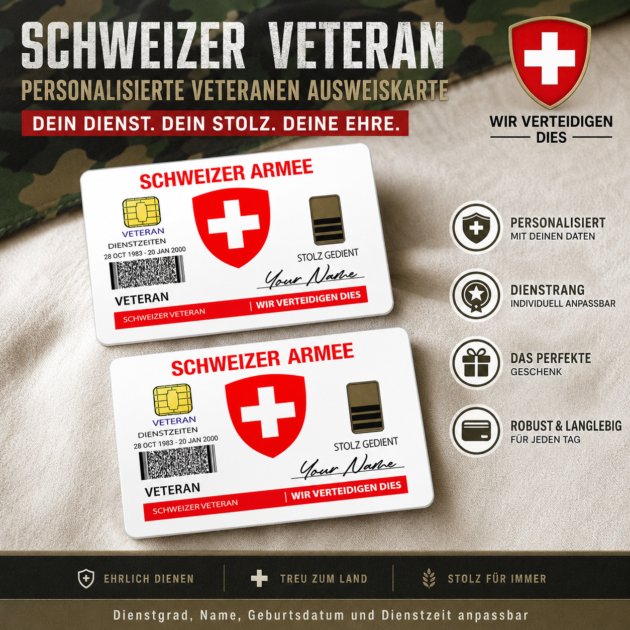 Personalized Swiss Soldier/ Veteran With Rank, Name And Year Aluminum Wallet Card - 17671392