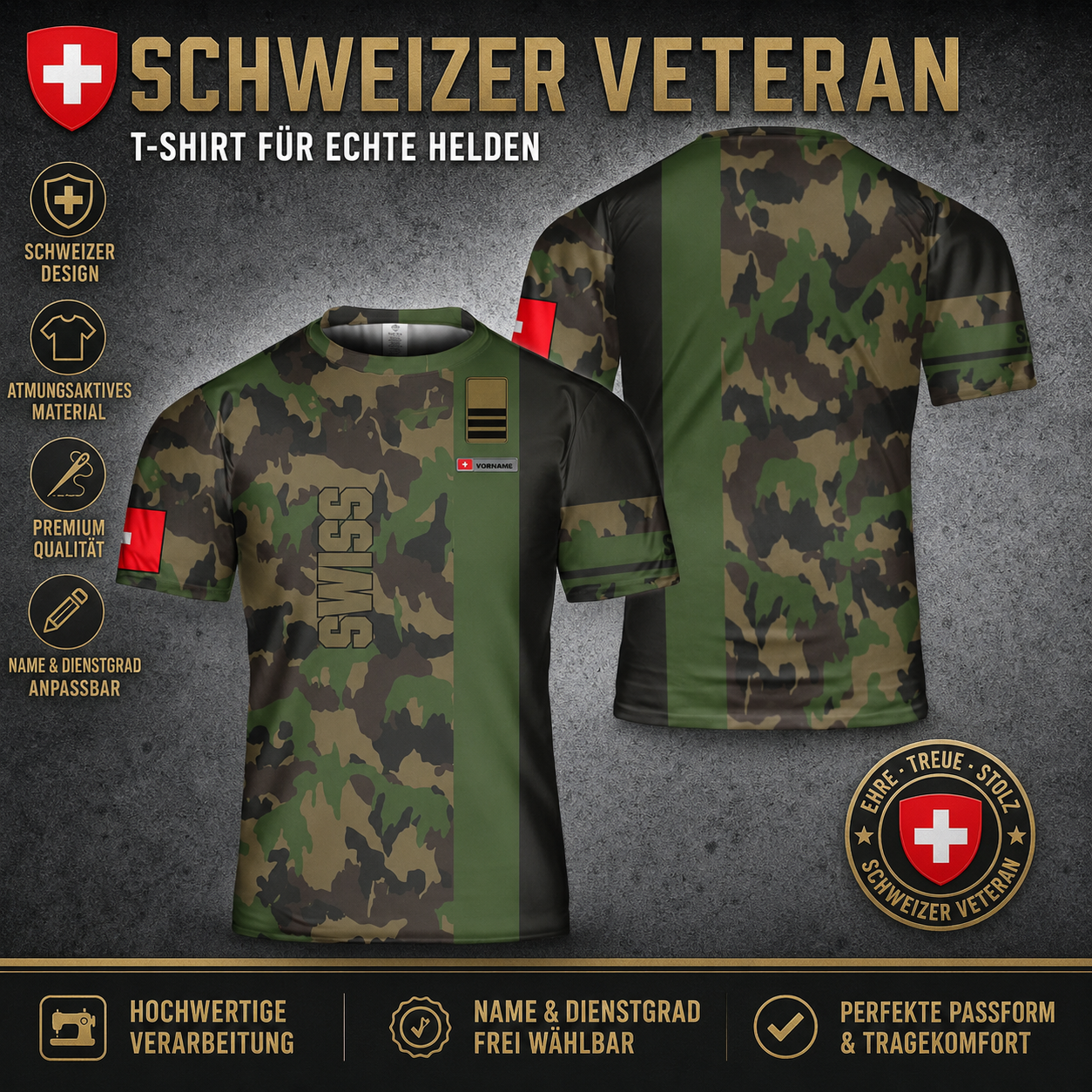 Personalized Swiss Solider/ Veteran Camo With Name And Rank T-Shirt 3D Printed - 1706054401