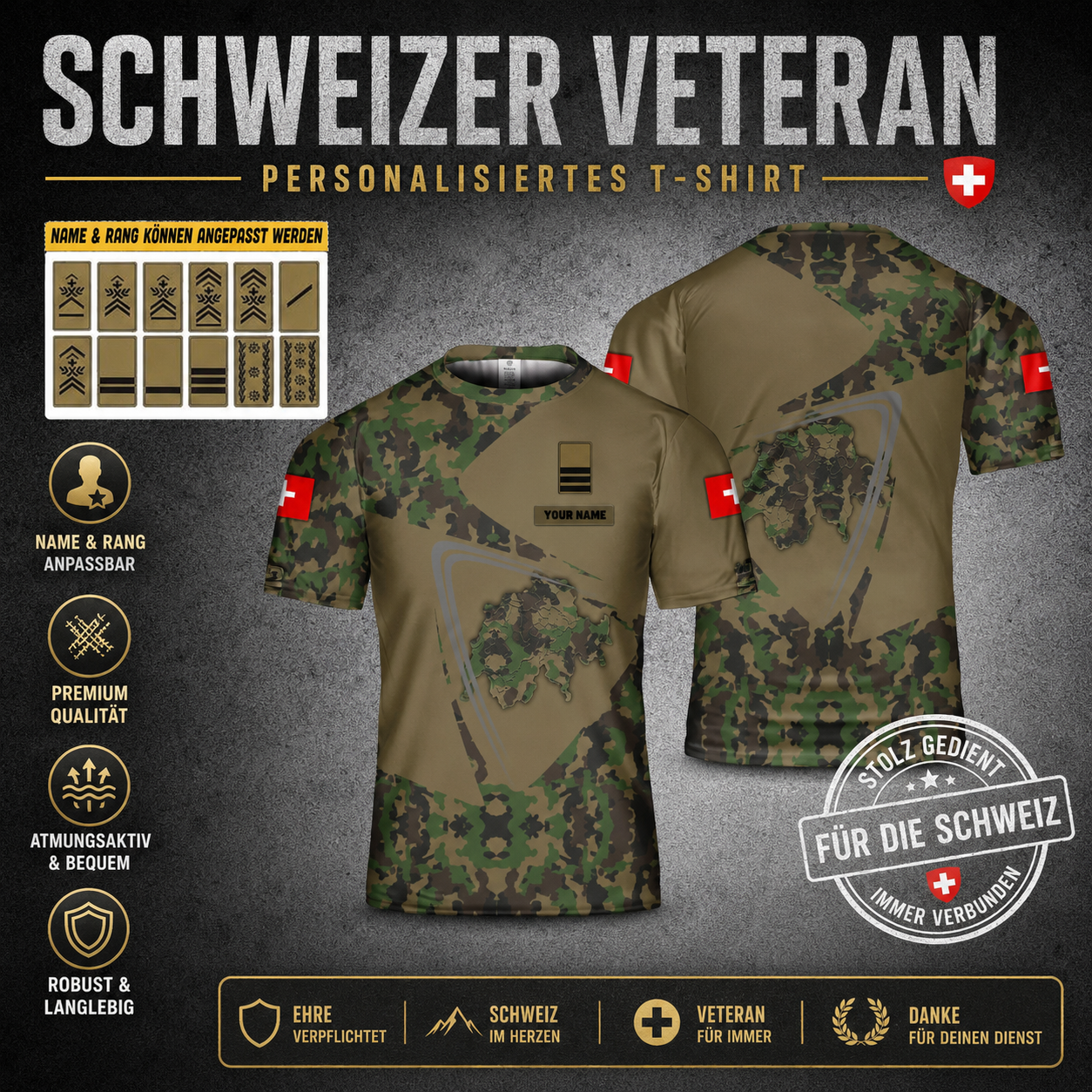 Personalisiertes Schweizer Soldat/Veteranen-Tarn-T-Shirt mit Namen und Rang, 3D-Druck – 2801240002