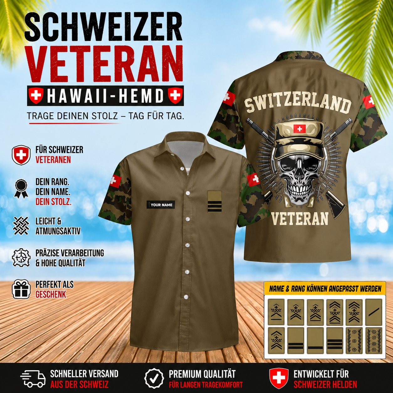 Personalized Swiss Solider/ Veteran Camo With Name And Rank Hawaii Shirt 3D Printed - 16728768