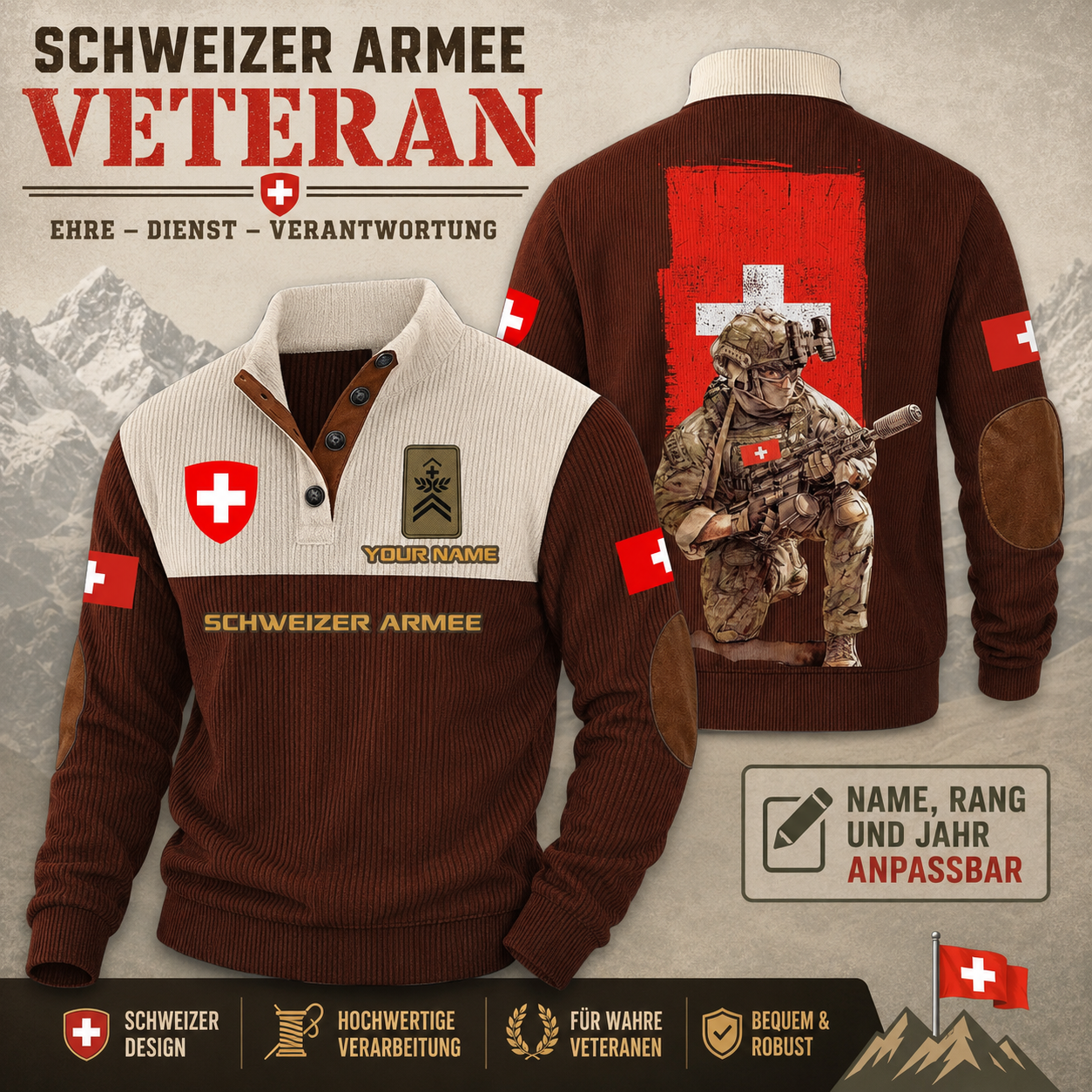 Personalized Swiss Soldier/ Veteran With Name And Rank Sports Sweatshirt - 17412192