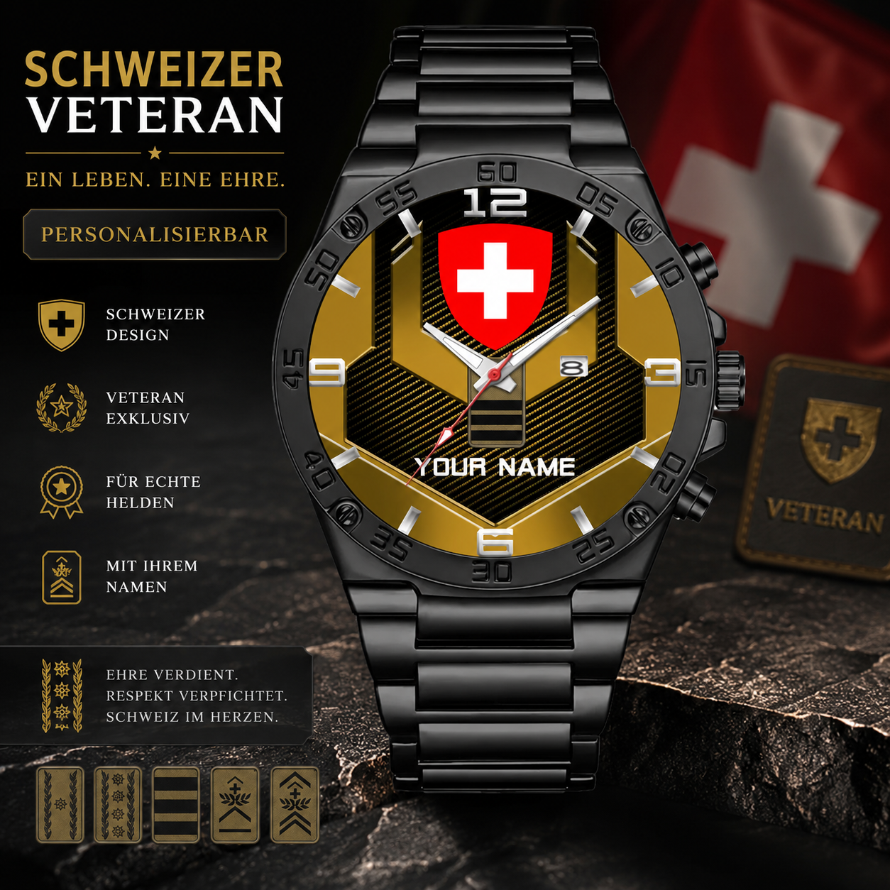Personalized Swiss Soldier/ Veteran With Name And Rank Gentleman Stainless Steel Watch - 17485632