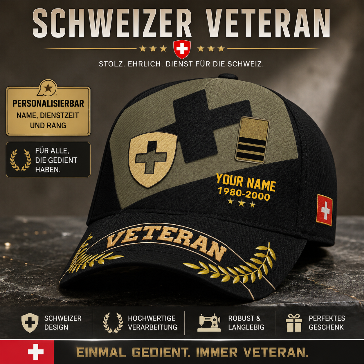 Personalized Rank, Year And Name Swiss Soldier/Veterans Camo Baseball Cap - 1759968004