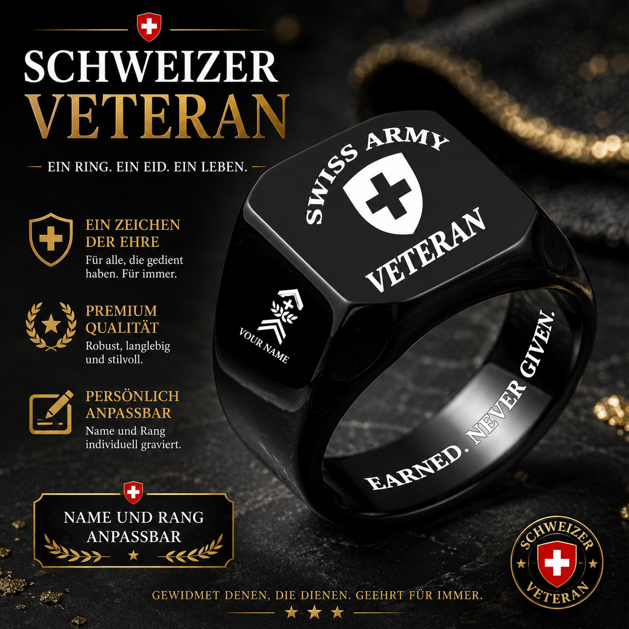 Personalized Swiss Soldier/Veteran with Name and Rank Engraved Men’s Ring - 17629920