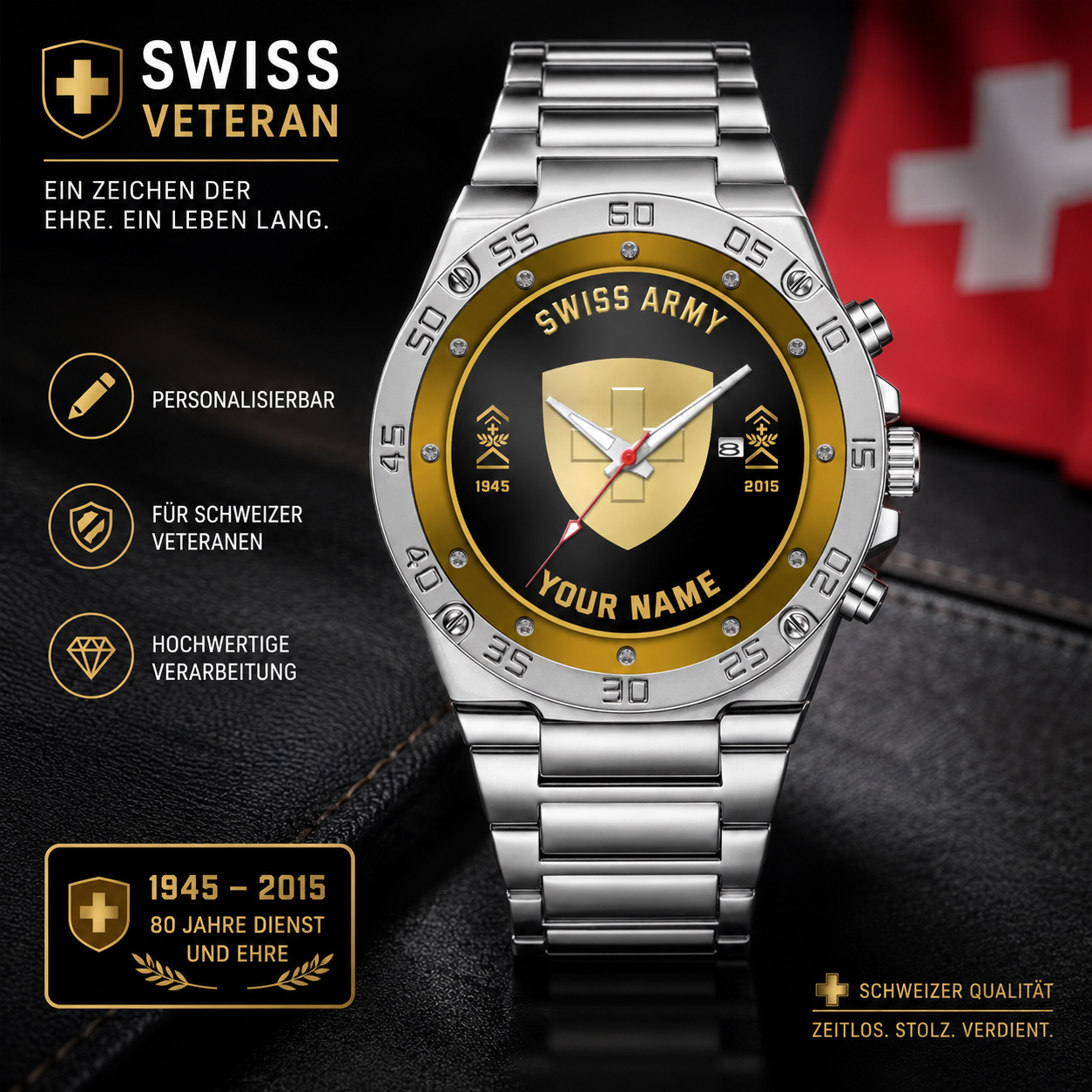Personalized Swiss Soldier/ Veteran With Name, Rank And Year Gentleman Stainless Steel Watch - 17387136