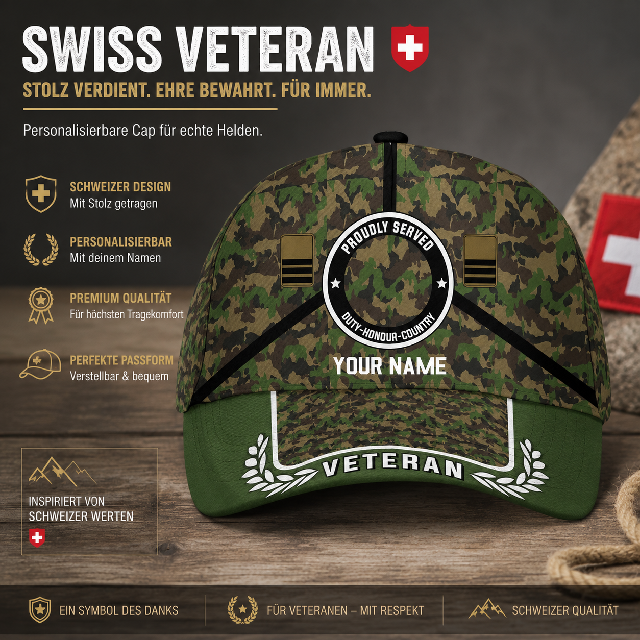 Baseballkappe mit Camouflage-Muster, personalisierbar, mit Rang und Namen, für Schweizer Soldaten/Veteranen – 17121888