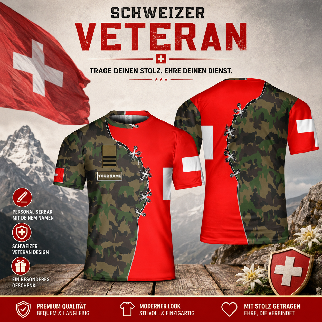 Personalized Swiss Solider/ Veteran Camo With Name And Rank T-Shirt 3D Printed - 1706140802