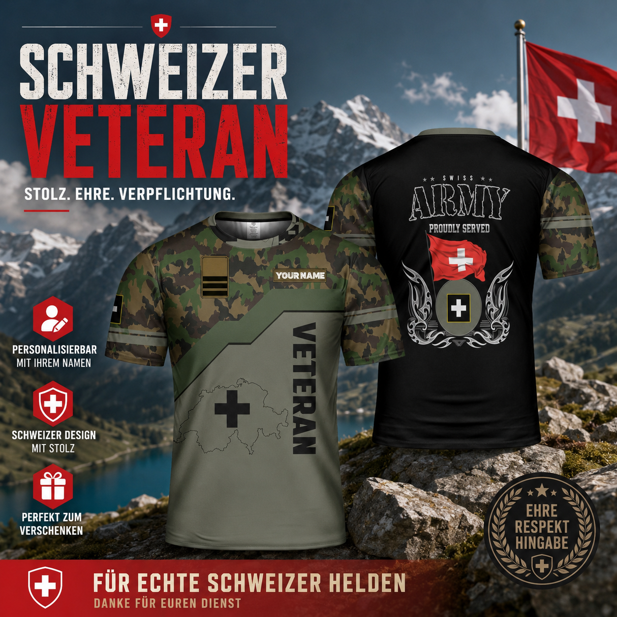 Personalisiertes Schweizer Soldat/Veteranen-Tarn-T-Shirt mit Namen und Rang, 3D-Druck – 2501240002