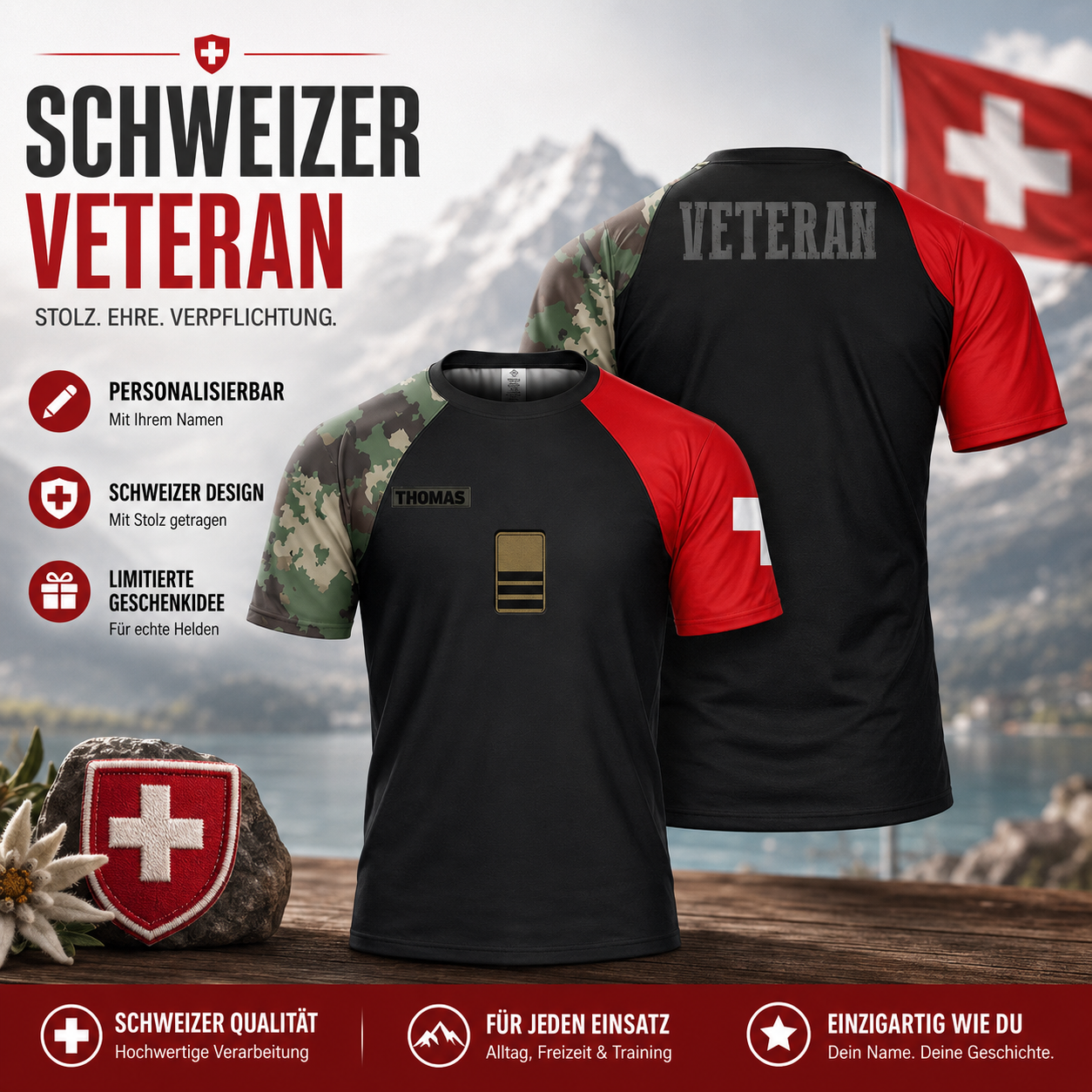 Personalisiertes Schweizer Soldat/Veteranen-Tarn-T-Shirt mit Namen und Rang, 3D-Druck – 2101240002