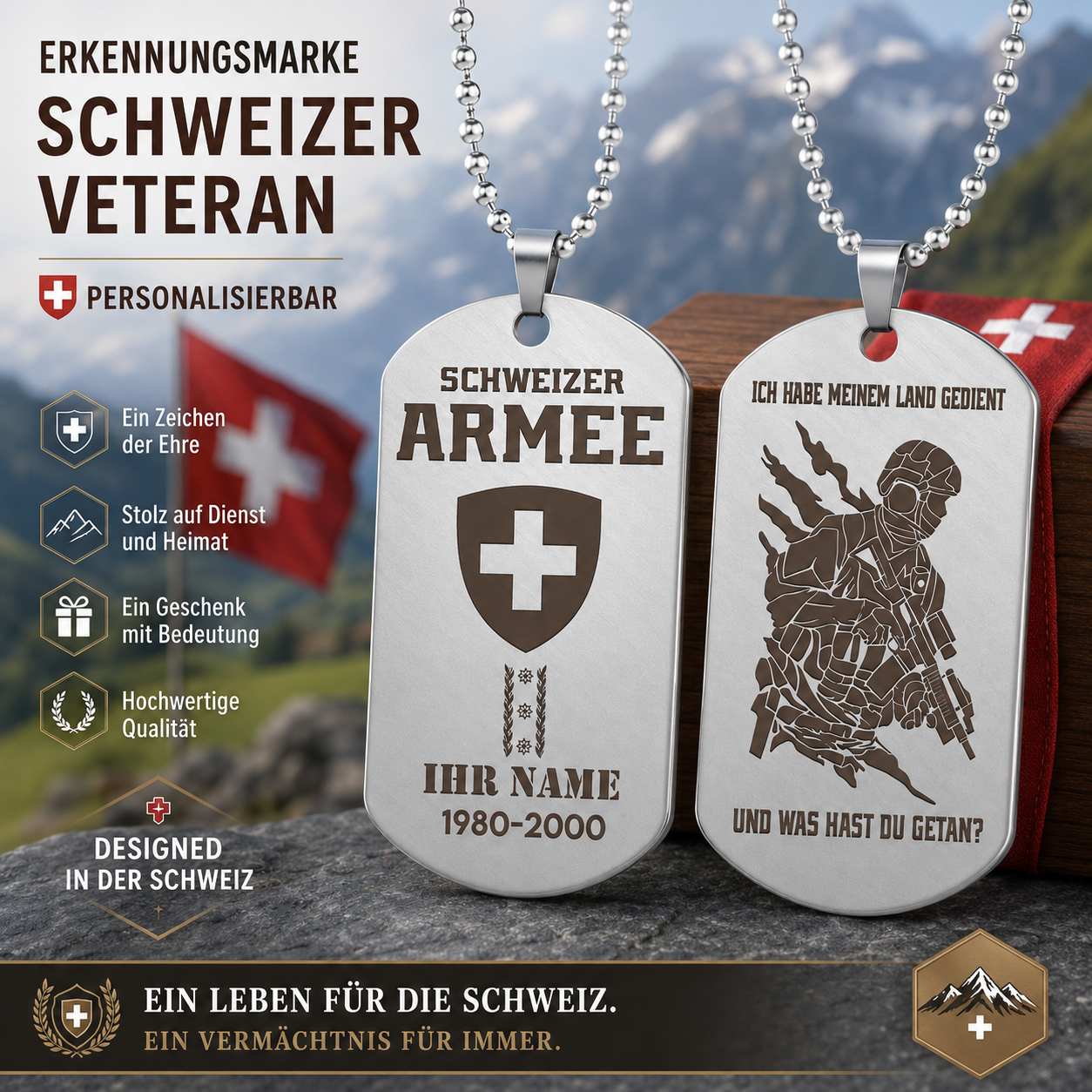 Personalized Swiss Soldier/Veteran with Rank, Name & Year Dog Tag Necklace - 1763942401