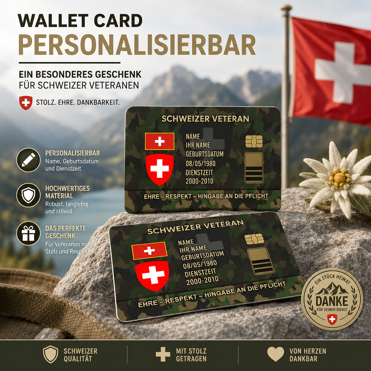 Personalized Swiss Soldier/ Veteran With Rank, Name And Year Aluminum Wallet Card - 17637696