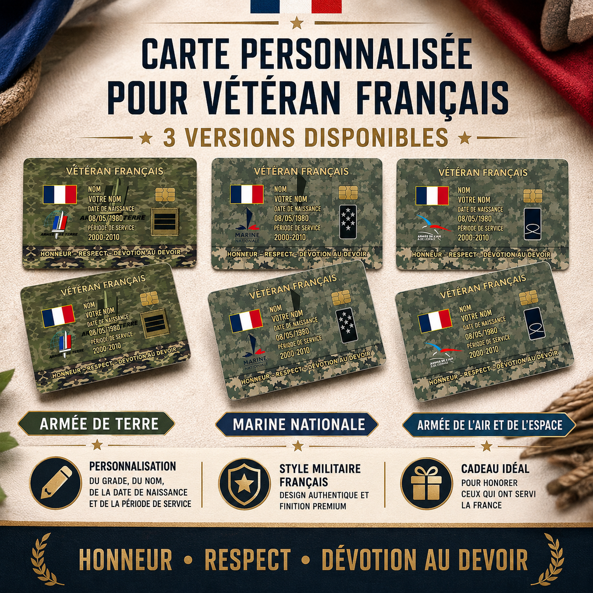 Personalized France Soldier/ Veteran With Rank, Name And Year Aluminum Wallet Card - 17637696
