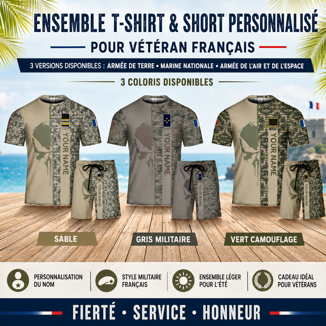 T-shirt personnalisé avec camouflage soldat/vétéran de la France avec nom et grade combinés + short imprimés en 3D - 10052401QA