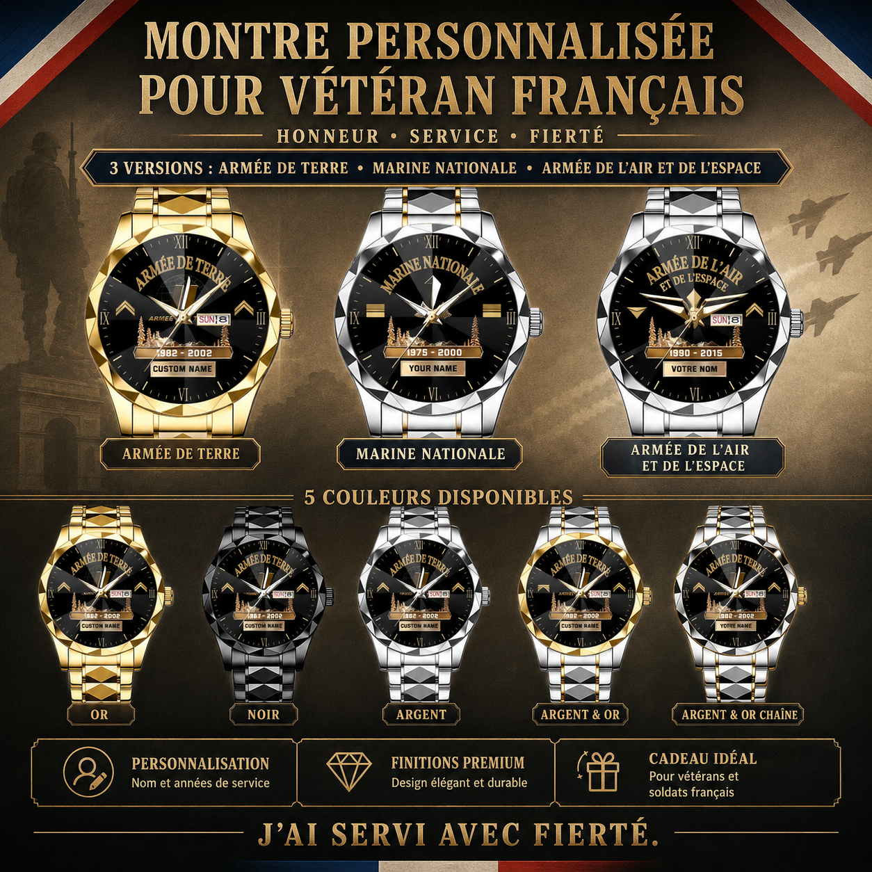 Personalized France Soldier/ Veteran With Rank and Name, Year Gentleman Crystal Metal Watch - 17780256