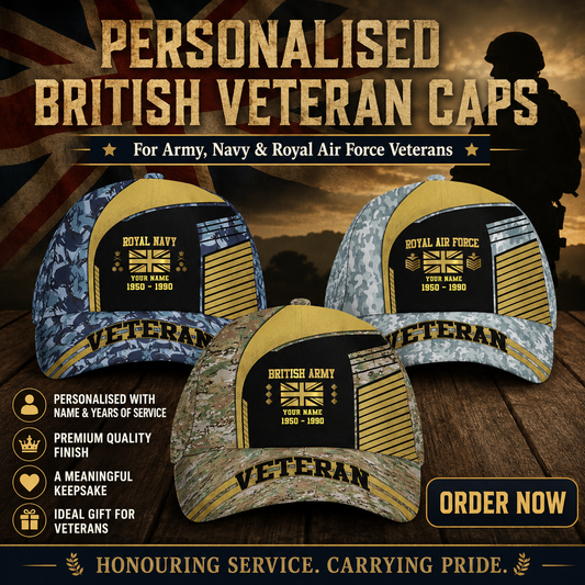 Casquette de baseball camouflage personnalisée avec grade, année et nom pour soldat/ancien combattant britannique - 17109792