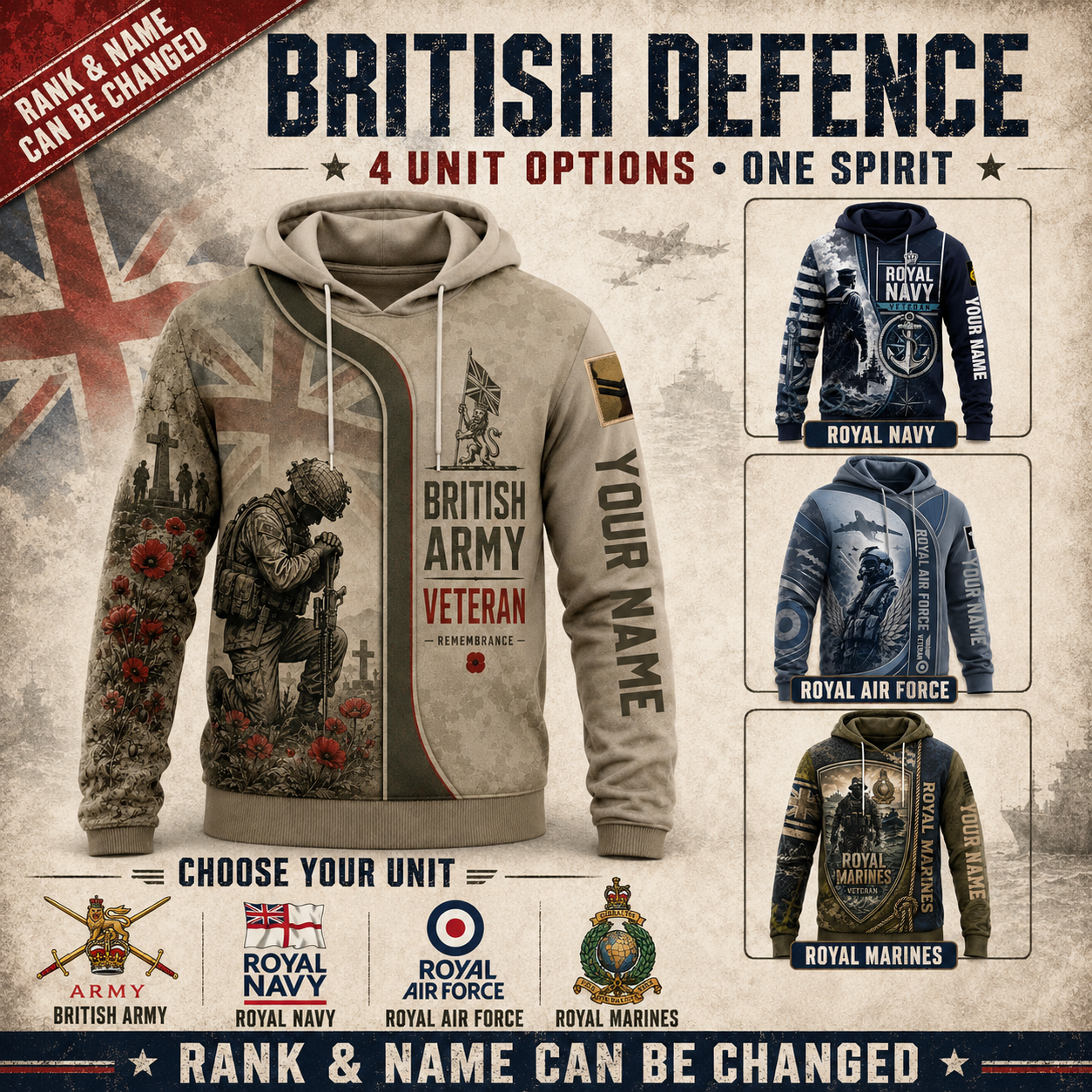 Personalized UK Soldier/Veteran with Name & Rank Hoodie All Over Printed - 17784576
