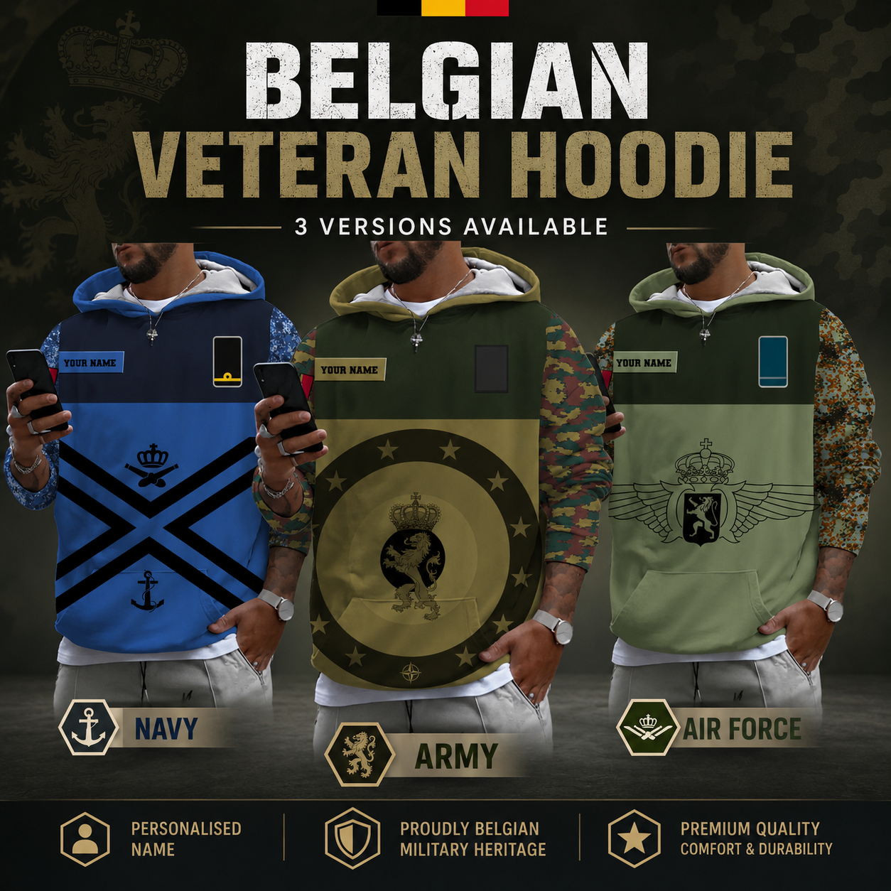 Personalized Belgium Soldier/ Veteran Camo With Name And Rank Hoodie 3D Printed - 17604864