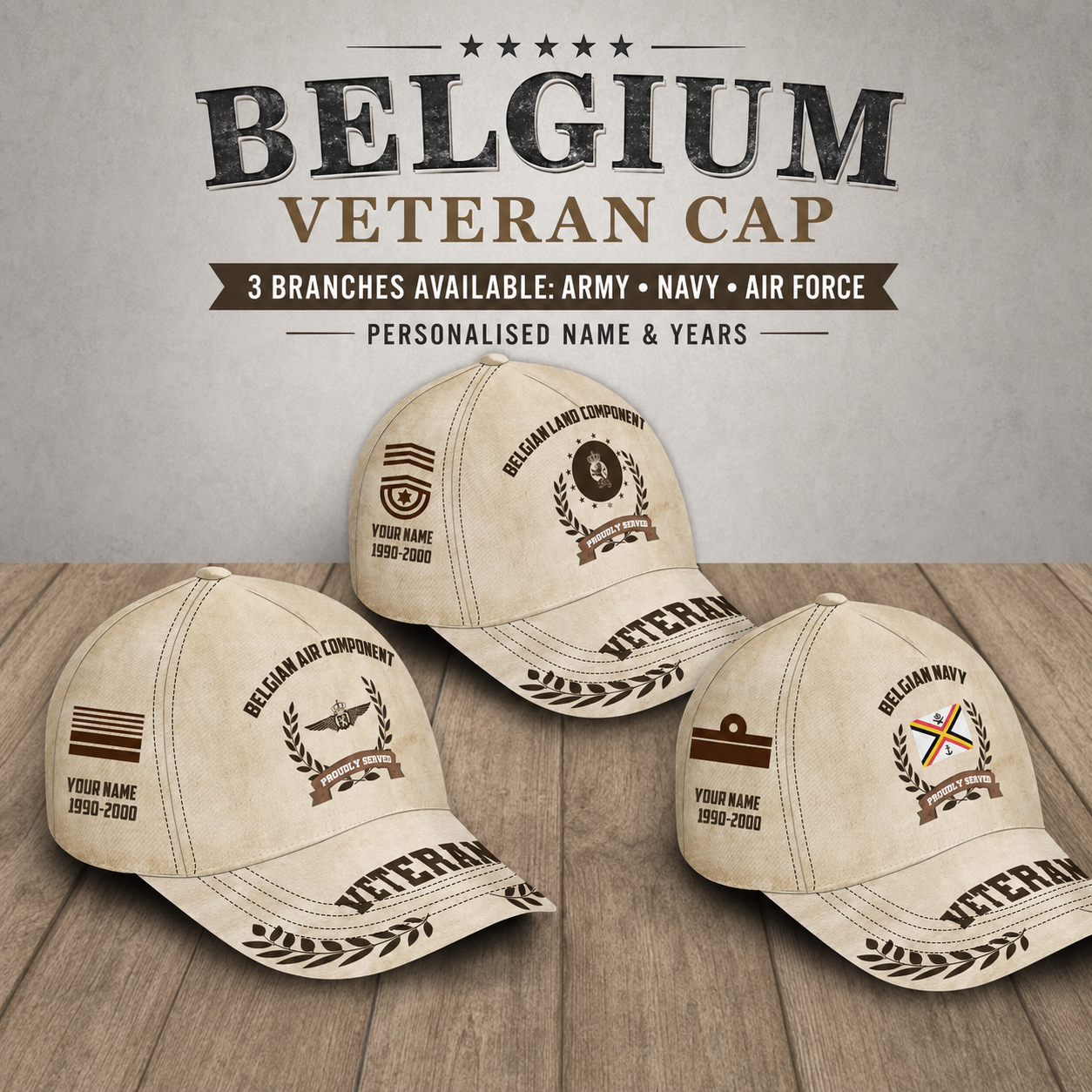 Baseballkappe für belgische Soldaten/Veteranen mit personalisiertem Rang, Jahr und Namen – 1721260803