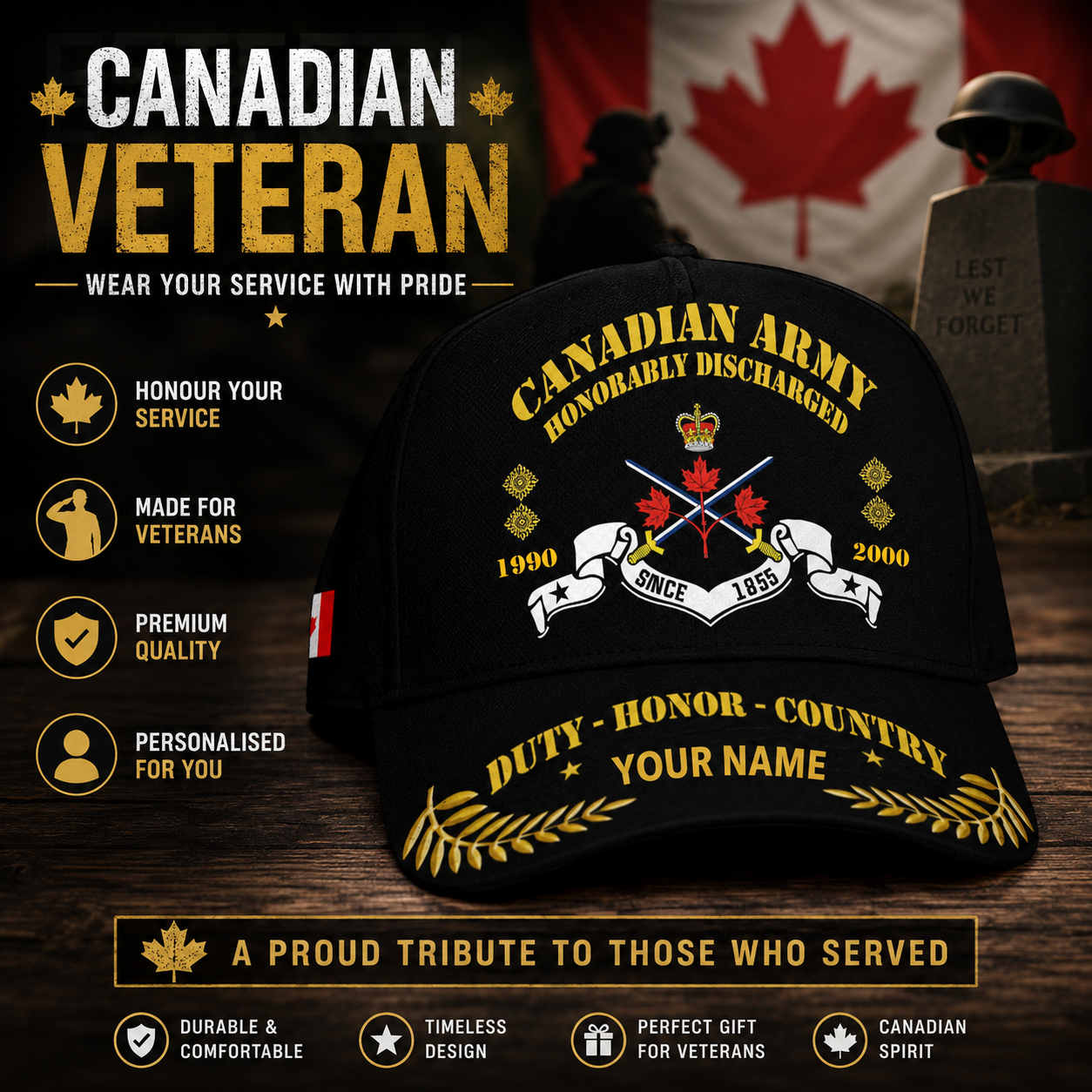 Canadian Military Cap - Honorable Discharge - Custom Name, Year and Rank - 1758153601