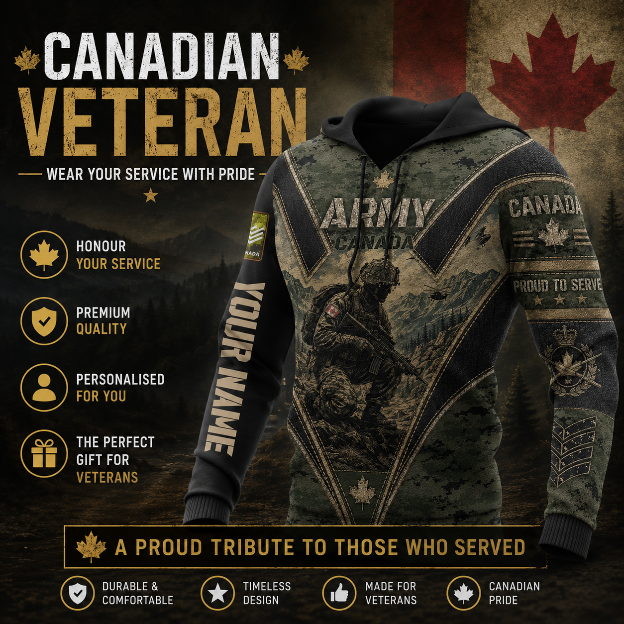 Personalized Canada Soldier/Veteran with Name & Rank Hoodie All Over Printed - 177811200