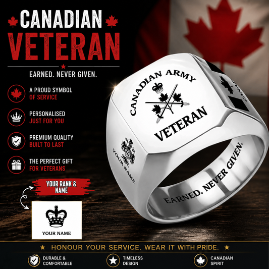 Personalized Canada Soldier/Veteran with Name and Rank Engraved Men’s Ring - 17629920
