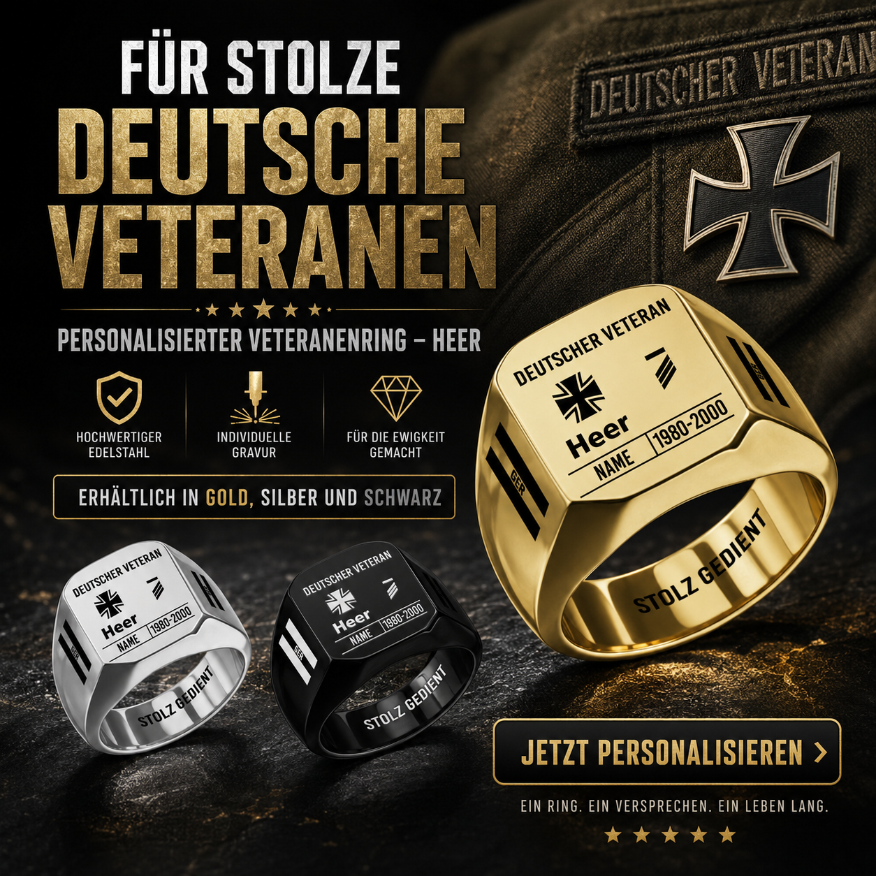 Personalized Germany Soldier/Veteran with Name, Year and Rank Engraved Men’s Ring - 17635104
