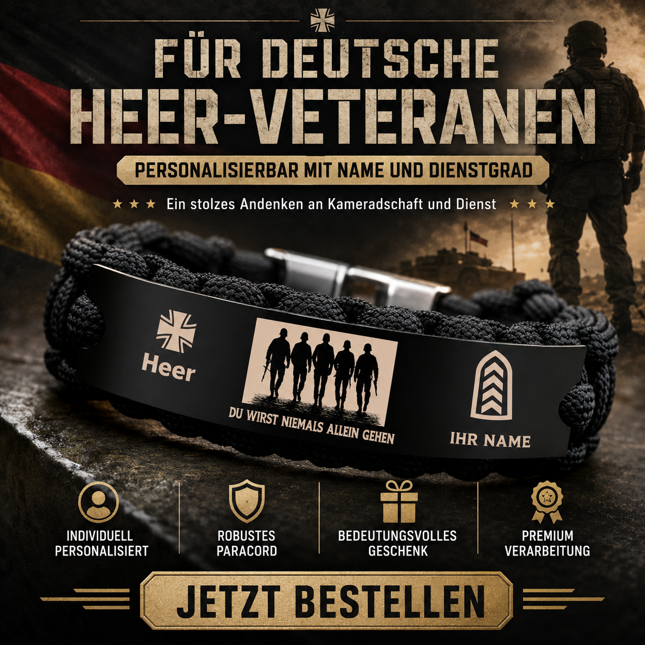 Personalized Germany Soldier/ Veteran Engraved Military Paracord Bracelet With Name And Rank - 17751744