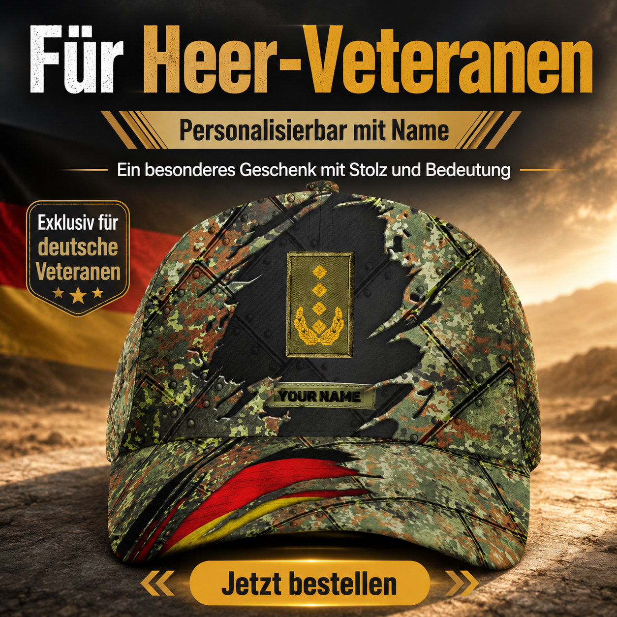 Baseballkappe mit Camouflage-Muster, personalisierbar, mit Rang und Namen, für deutsche Soldaten/Veteranen – 1684368002