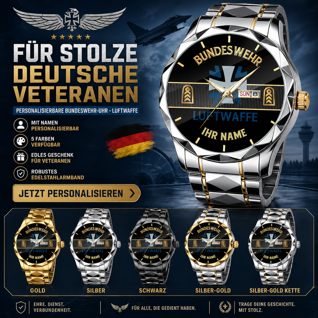Personalized Germany Soldier/ Veteran With Rank and Name Gentleman Crystal Metal Watch - 17388000