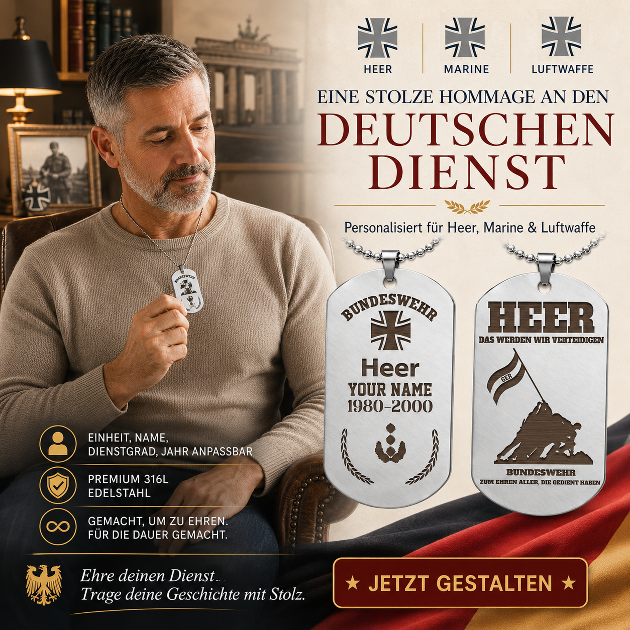 Personalized Germany Soldier/Veteran with Rank, Name & Year Dog Tag Necklace - 17657568