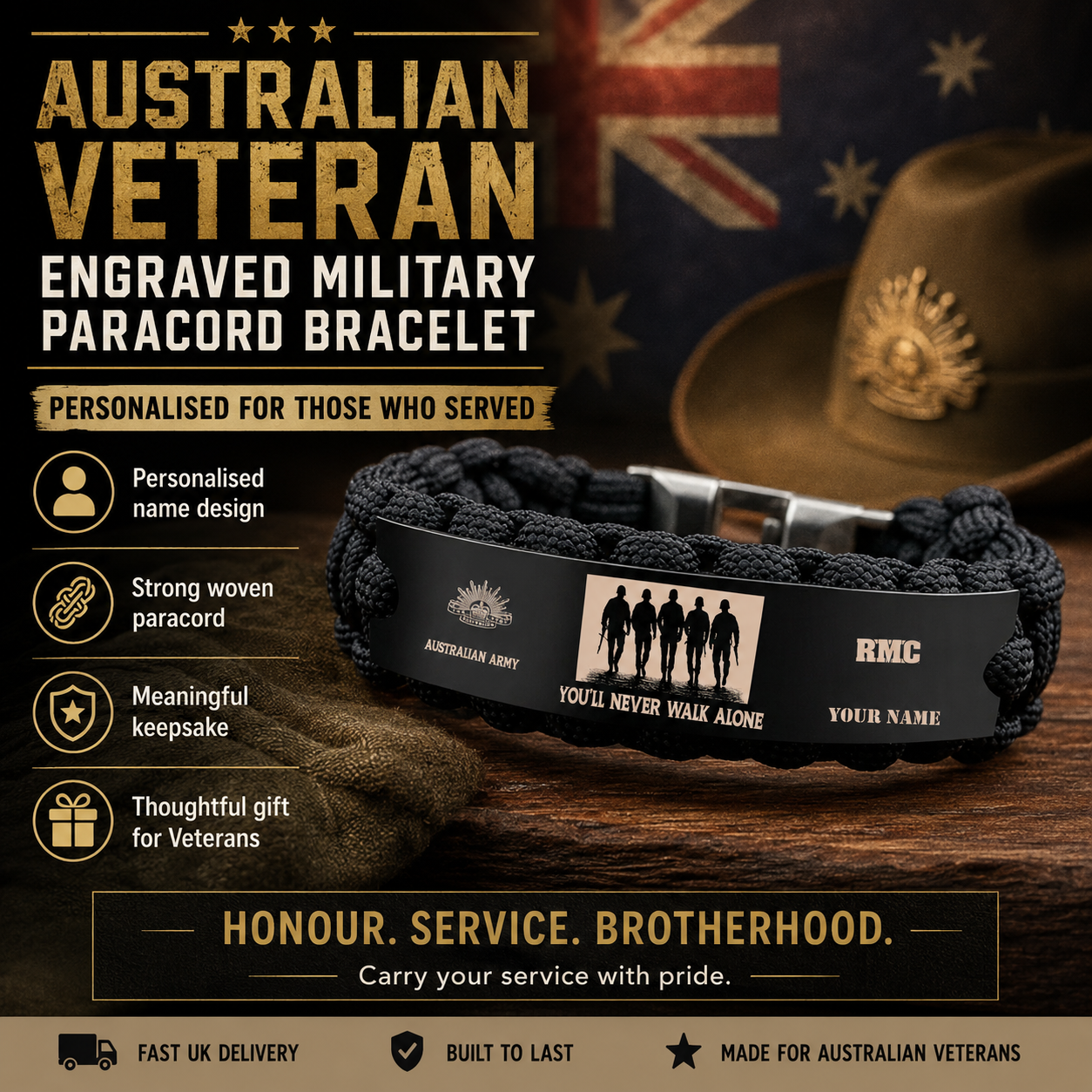 Personalized Australia Soldier/ Veteran Engraved Military Paracord Bracelet With Name And Rank - 17751744