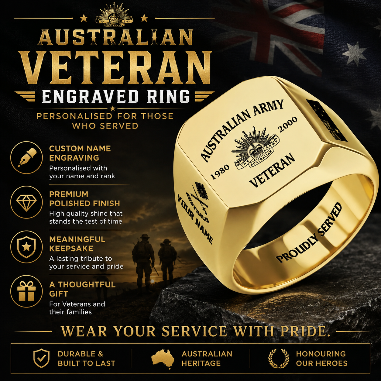 Personalized Australia Soldier/Veteran with Name, Year and Rank Engraved Men’s Ring - 1763424001