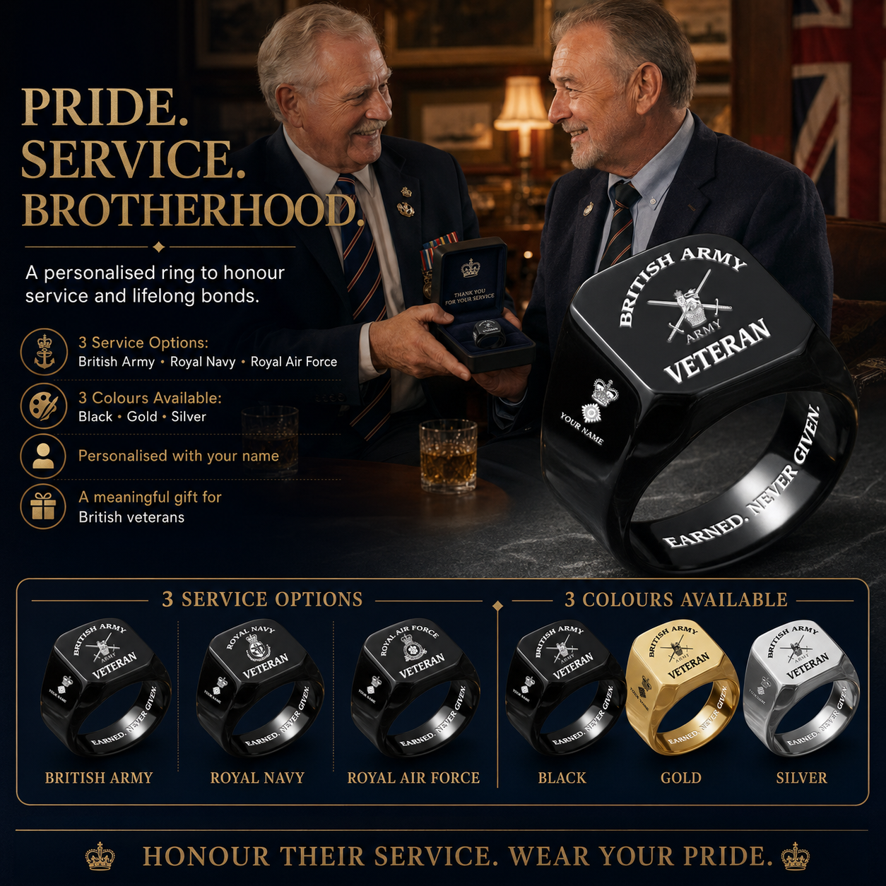 Personalized UK Soldier/Veteran with Name and Rank Engraved Men’s Ring - 17629920