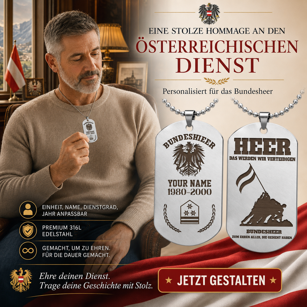 Personalized Austria Soldier/Veteran with Rank, Name & Year Dog Tag Necklace - 17657568