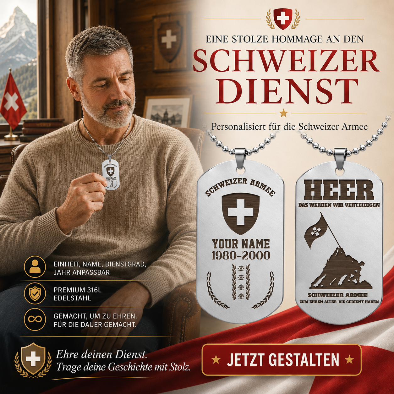 Personalized Swiss Soldier/Veteran with Rank, Name & Year Dog Tag Necklace - 17657568