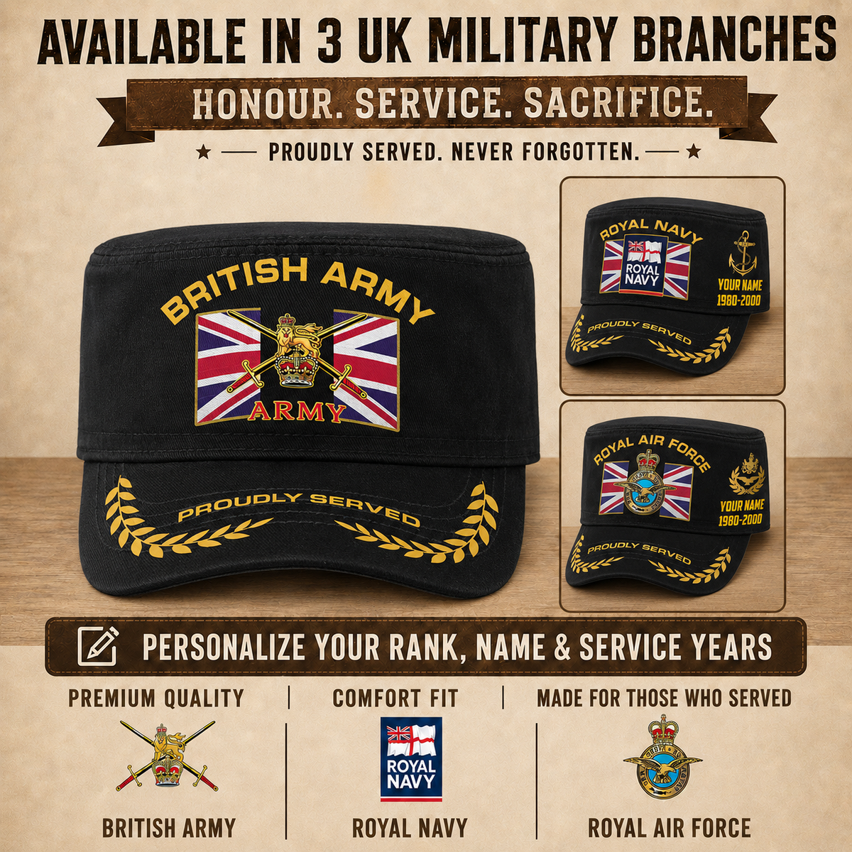 Personalized UK Soldier/ Veteran With Name, Year And Rank Military Cap - 17502048