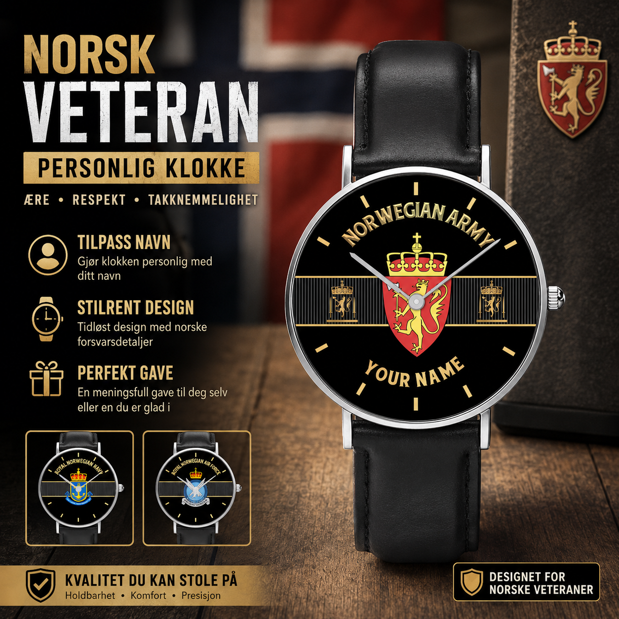Personalisierte norwegische Soldat/Veteran mit Namen und Rang schwarze genähte Lederuhr – 0703240001 – goldene Version