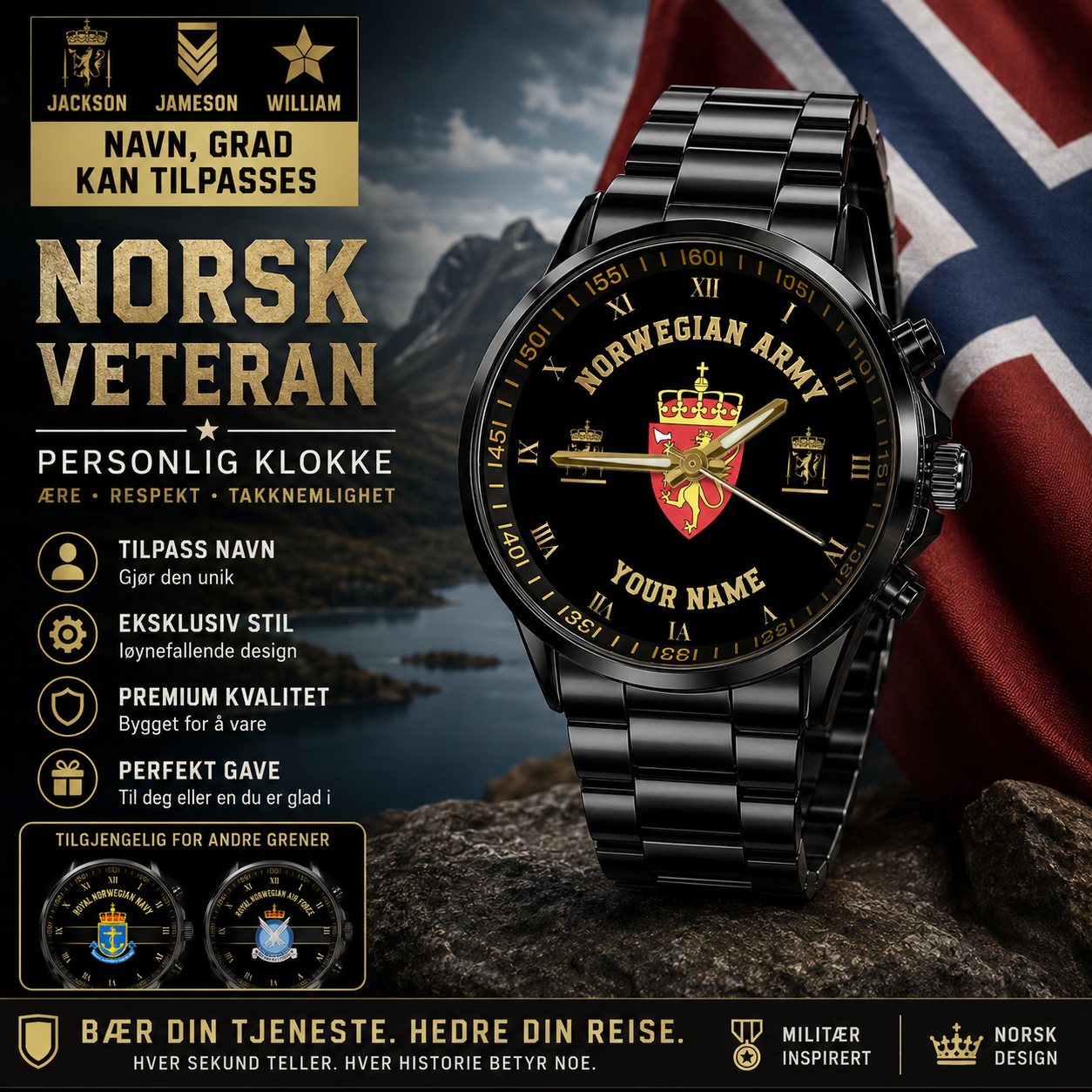 Personalisierte norwegische Soldat/Veteran mit Namen und Rang schwarze Edelstahluhr - 0803240001 - Goldversion