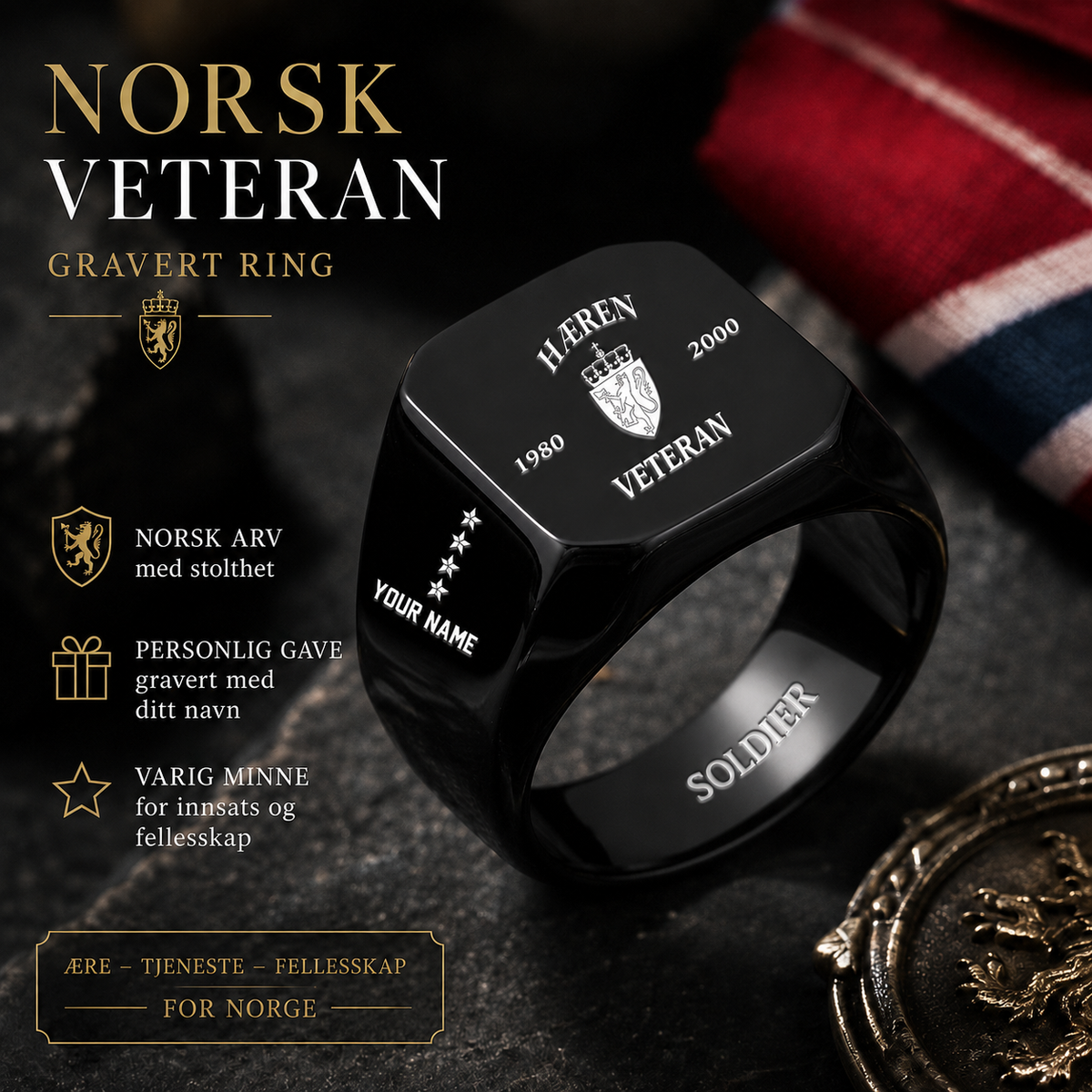 Personalized Norway Soldier/Veteran with Name, Year and Rank Engraved Men’s Ring - 1763424001