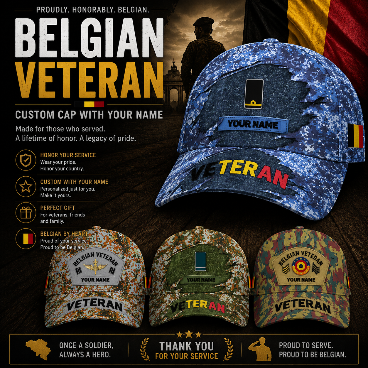 Personalized Rank And Name Belgium Soldier/Veterans Camo Baseball Cap - 172126083