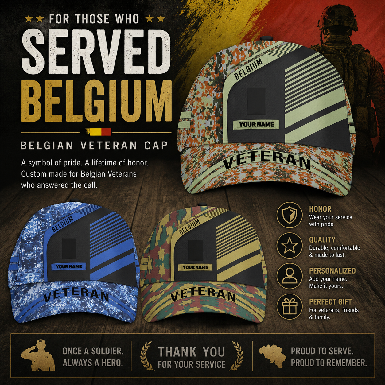 Personalized Rank And Name Belgium Soldier/Veterans Camo Baseball Cap - 172126081