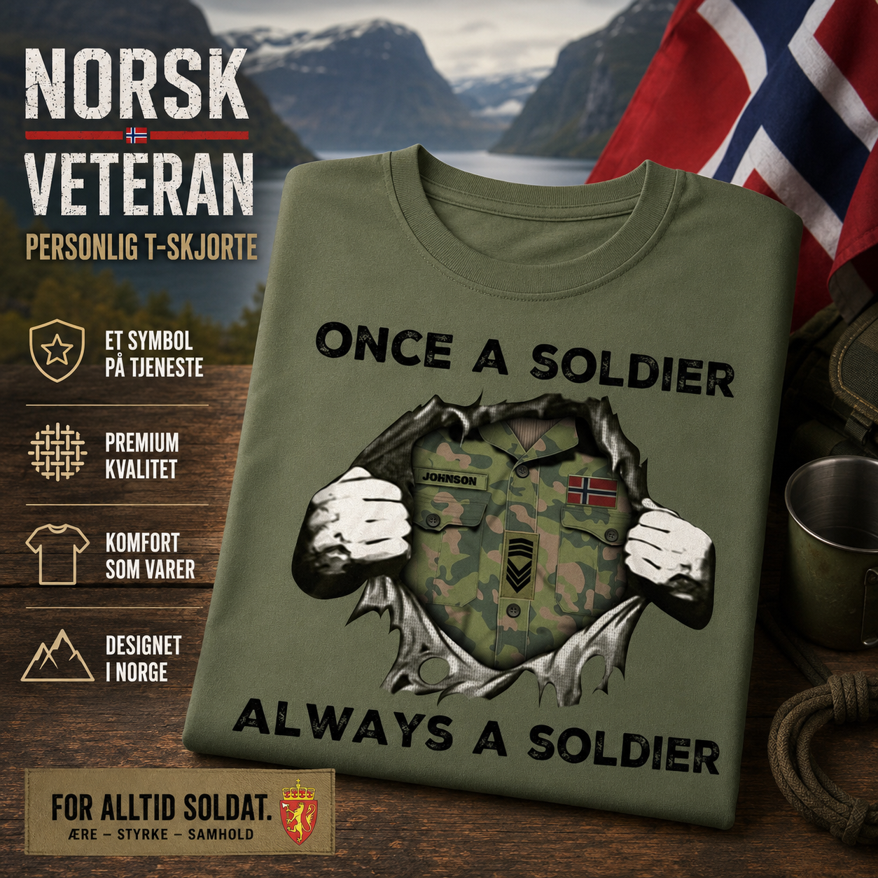 Personalisiertes norwegisches Soldat-/Veteranen-T-Shirt mit Namen und Rang - Einmal Soldat, immer Soldat - 1302230002