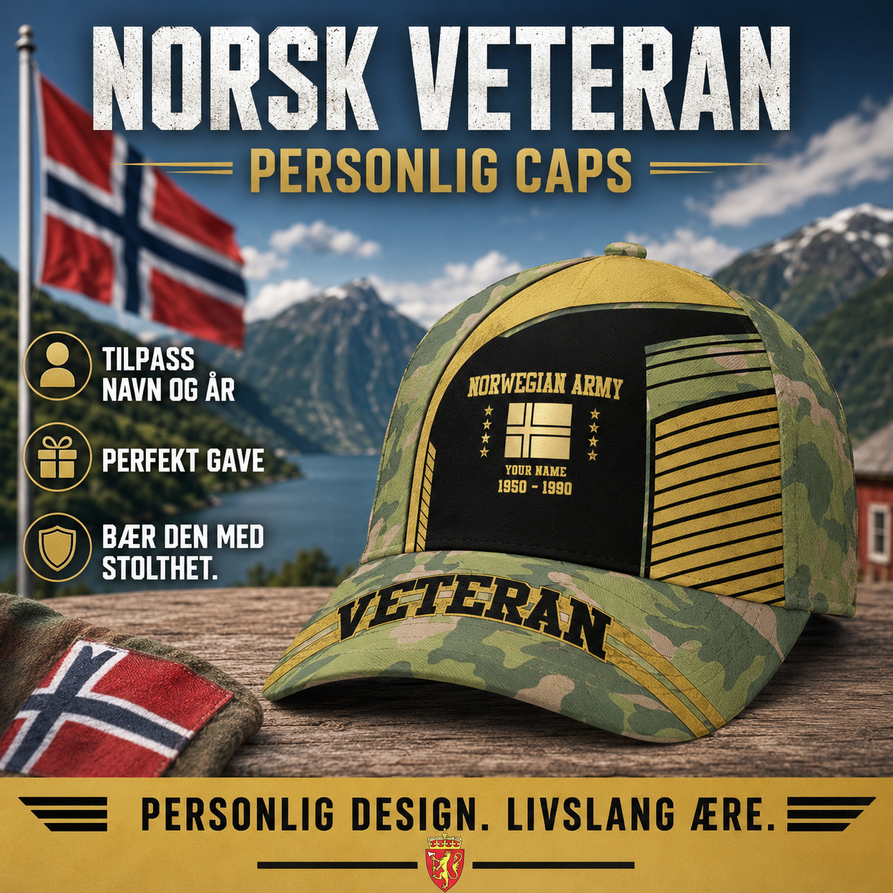 Personalisierter Rang und Name Norwegen Soldat/Veteranen Camo Baseball Cap Veteran - 16793568
