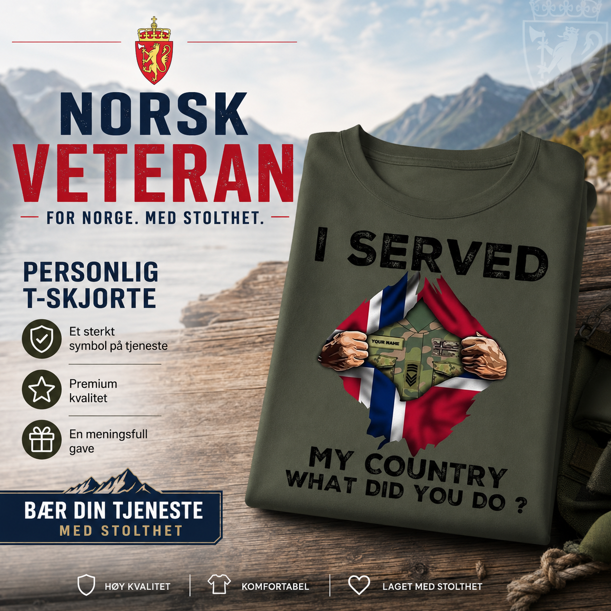 Personalisiertes T-Shirt mit Camouflage-Muster für norwegische Soldaten/Veteranen mit Namen und Rang – „Ich habe meinem Land gedient“ – 1702230001