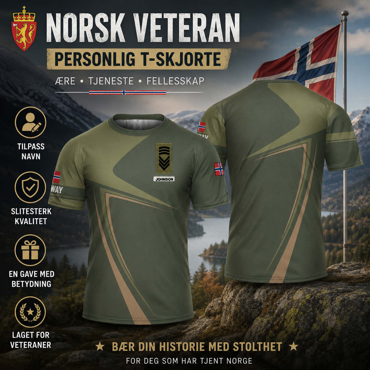 Personalisiertes T-Shirt mit Camouflage-Muster für norwegische Soldaten/Veteranen mit Namen und Rang, 3D-Druck – 1401240003