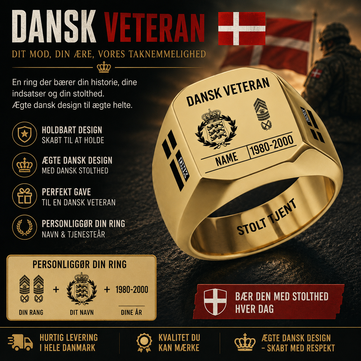 Personalized Denmark Soldier/Veteran with Name, Year and Rank Engraved Men’s Ring - 17635104