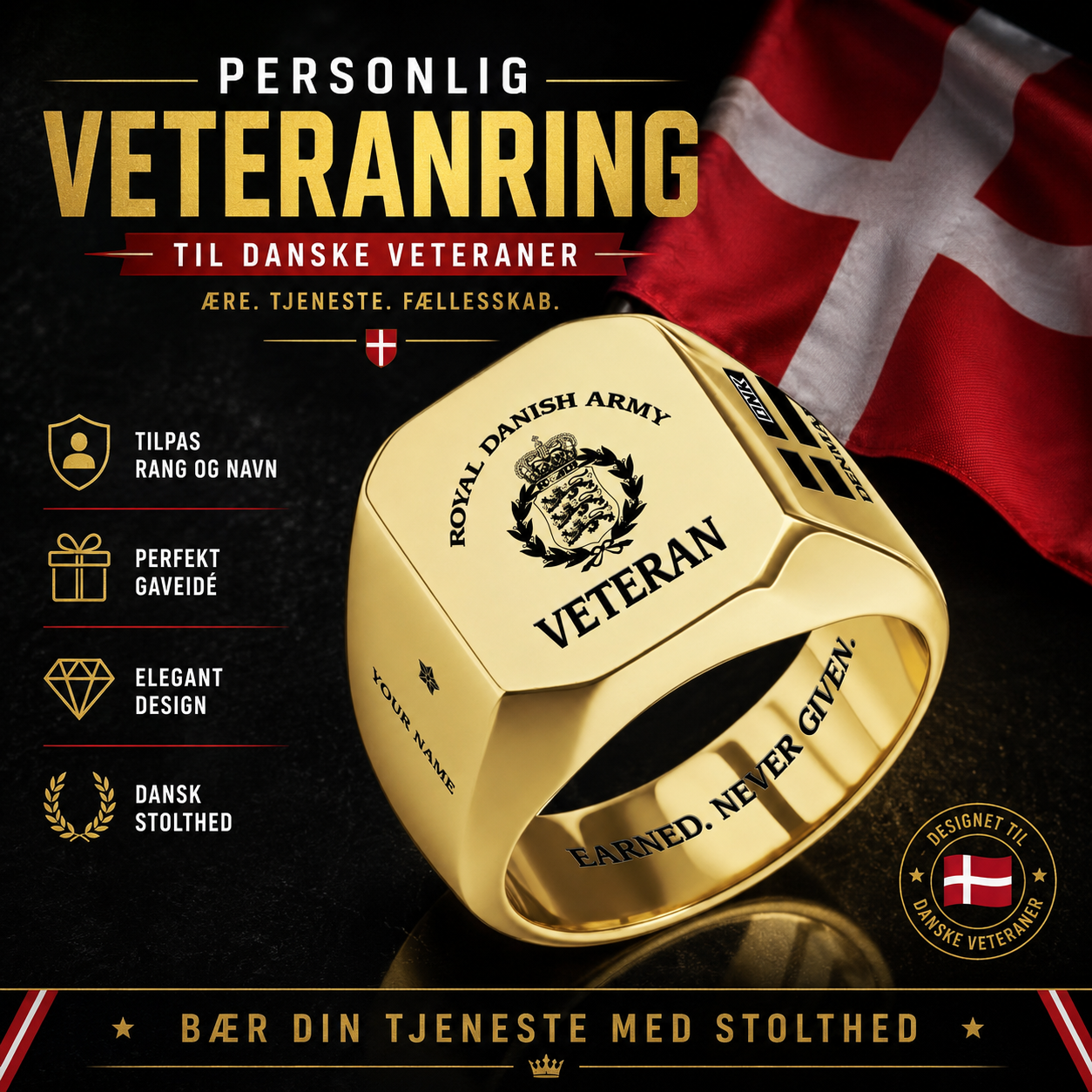 Personalized Denmark Soldier/Veteran with Name and Rank Engraved Men’s Ring - 17629920