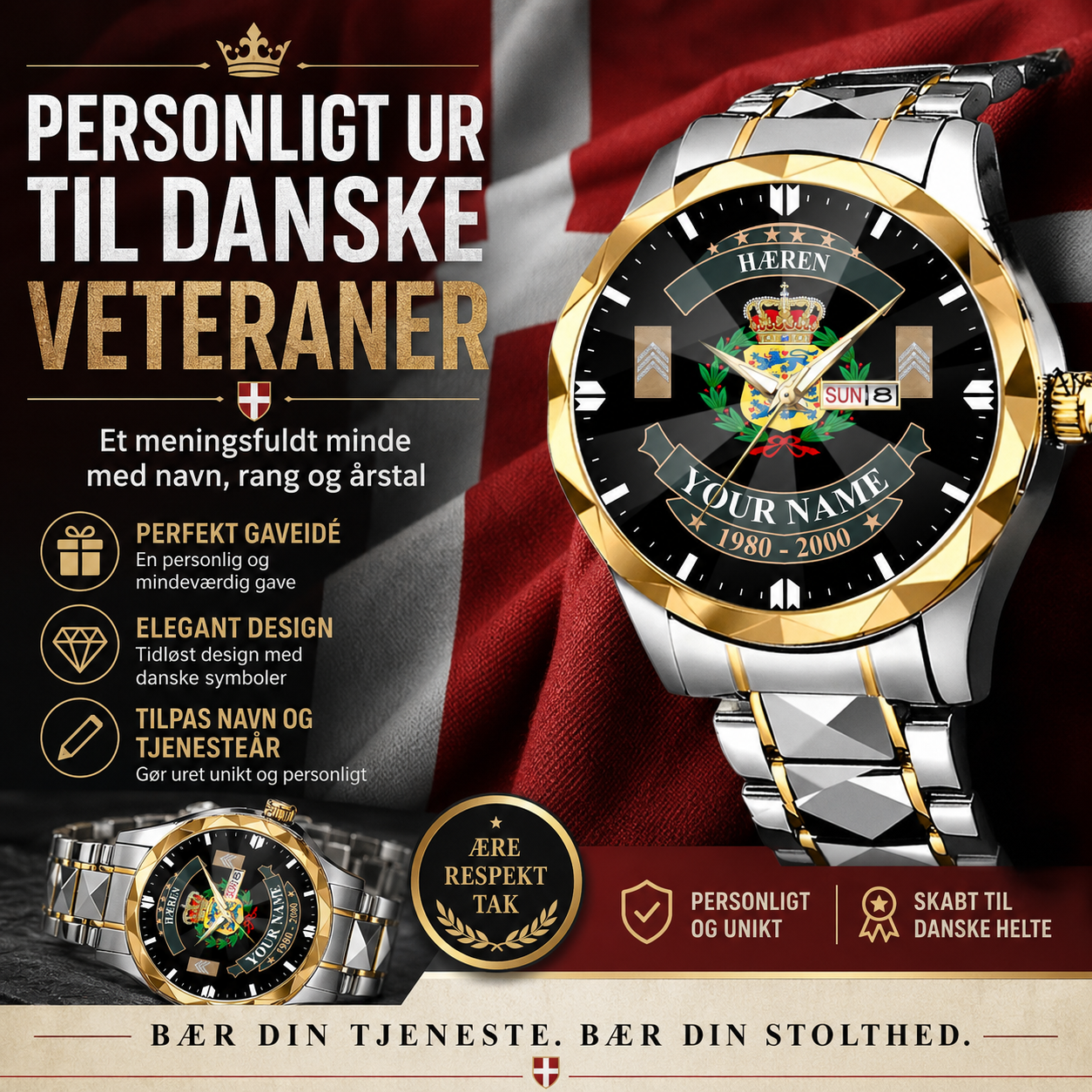 Personalized Denmark Soldier/Veteran with Name and Rank Diamond-Cut Bezel Watch - 1761350401